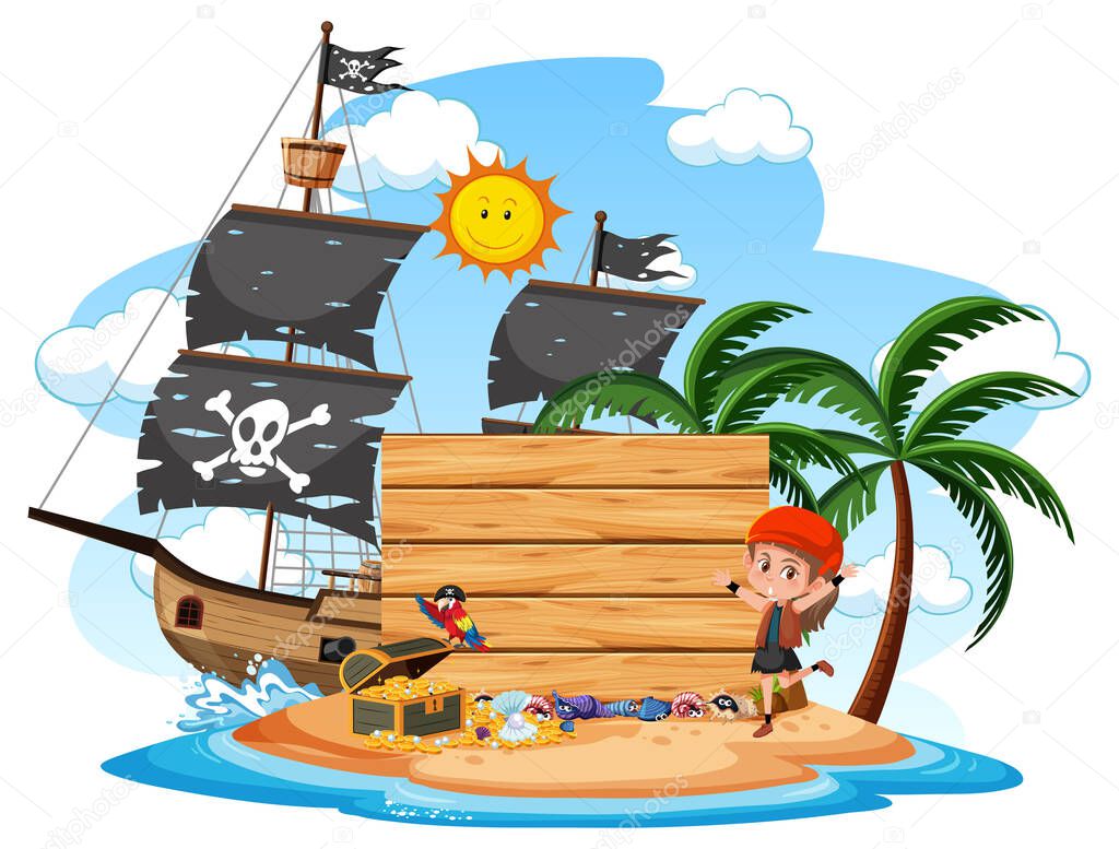 Pirate island with an empty banner isolated on white background illustration