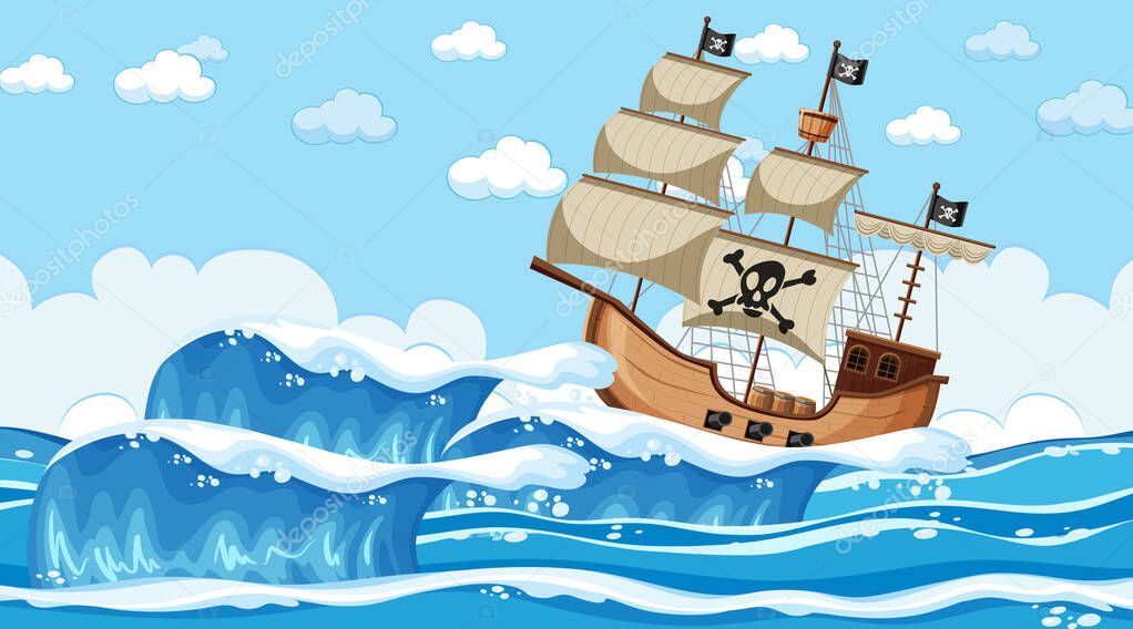 Ocean scene at day time with Pirate ship in cartoon style illustration