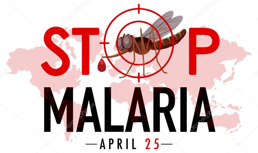 Stop Malaria logo or banner with mosquito on world map background illustration