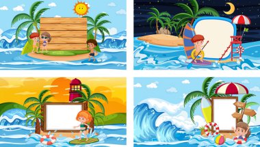 Boş afiş illüstrasyonlu farklı tropikal sahneler.