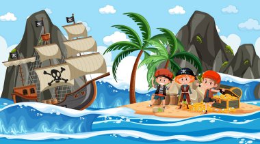 Define Adası illüstrasyonunda Korsan çocukların durduğu okyanus manzarası