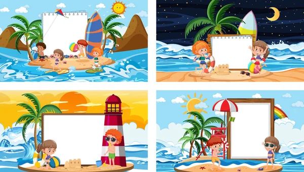 Állítsa Különböző Trópusi Strand Jelenetek Üres Banner Illusztráció — Stock Vector