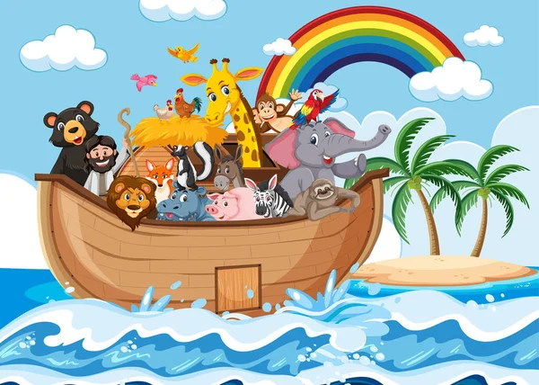 Noah Ark Met Dieren Oceaan Scene Illustratie — Stockvector