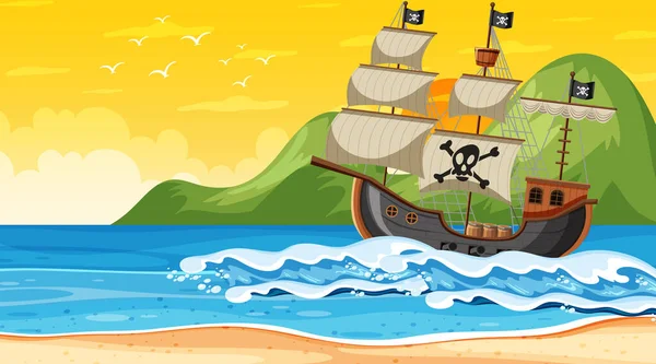 Oceano Com Navio Pirata Pôr Sol Cena Estilo Cartoon Ilustração — Vetor de Stock