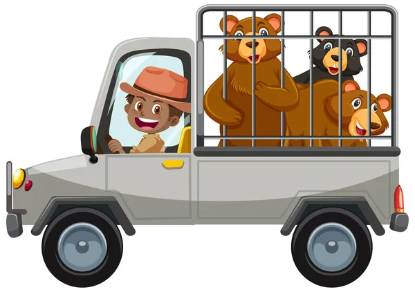 Zoo Concept Met Berengroep Kooi Auto Geïsoleerd Witte Achtergrond Illustratie — Stockvector