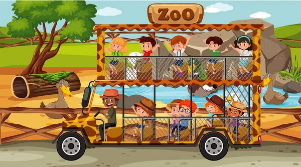 Safari Dzień Scena Dziećmi Turystycznej Ilustracji Samochodu — Wektor stockowy