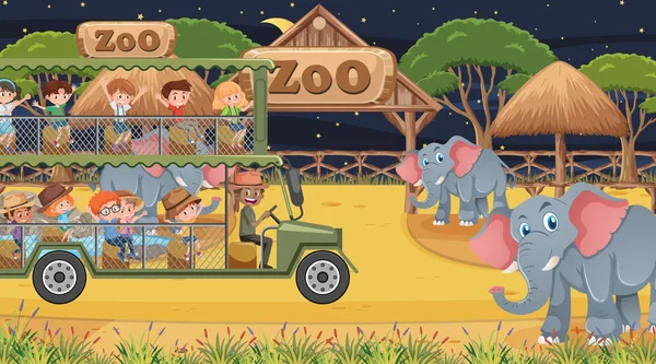 Safari Escena Nocturna Con Niños Viendo Ilustración Del Grupo Elefantes — Archivo Imágenes Vectoriales