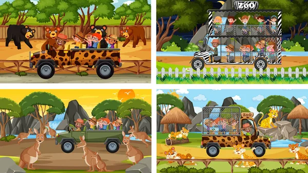 Set Diversi Animali Scene Safari Con Illustrazione Bambini — Vettoriale Stock