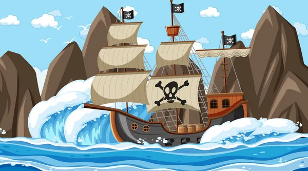 Oceano Com Navio Pirata Cena Dia Desenho Animado Ilustração Estilo —  Vetores de Stock