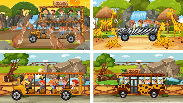 Set Van Verschillende Dieren Safari Scènes Met Kinderen Illustratie — Stockvector