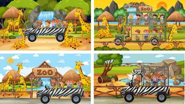 Conjunto Diferentes Animales Escenas Safari Con Ilustración Para Niños — Archivo Imágenes Vectoriales