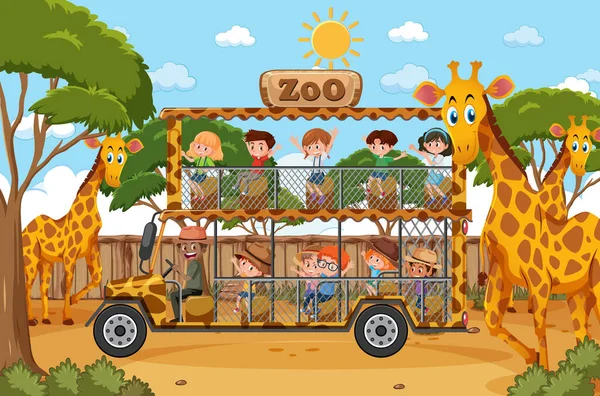 Niños Coche Turístico Explorar Escena Del Zoológico Ilustración — Archivo Imágenes Vectoriales