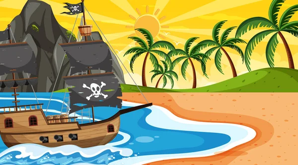 Oceano Com Navio Pirata Pôr Sol Cena Estilo Cartoon Ilustração — Vetor de Stock