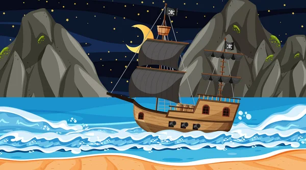 Oceano Com Navio Pirata Cena Noturna Desenho Animado Ilustração Estilo — Vetor de Stock