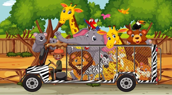 Safari Scena Con Animali Selvatici Gabbia Auto Illustrazione — Vettoriale Stock