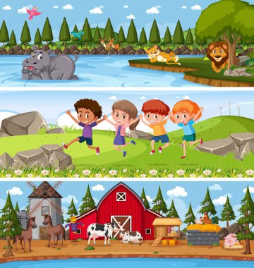 Çizgi film karakteri çizimleri ile gündüz sahnesinde farklı doğa manzaraları.