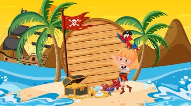 Sahildeki gün batımı illüstrasyonunda korsan kızla boş pankart şablonu