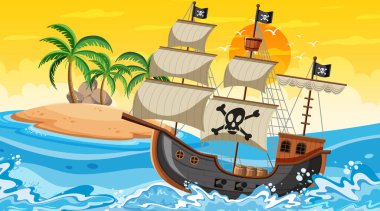 Günbatımı sahnesinde Korsan gemisiyle okyanus karikatür tarzı illüstrasyon