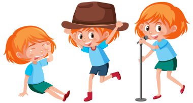 Farklı aktivitelerde bulunan bir kızın çizgi film karakteri.