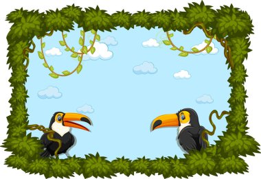 Yaprak çerçeveli boş pankart ve çizgi film karakteri çizimi