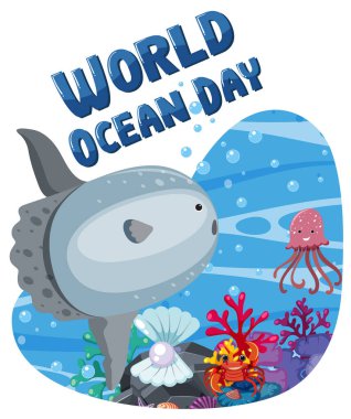 Birçok farklı deniz hayvanı resimli Dünya Okyanus Günü afişi