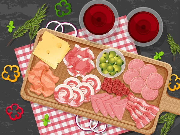 テーブルの背景のイラスト上の異なる冷たい肉の後者 — ストックベクタ