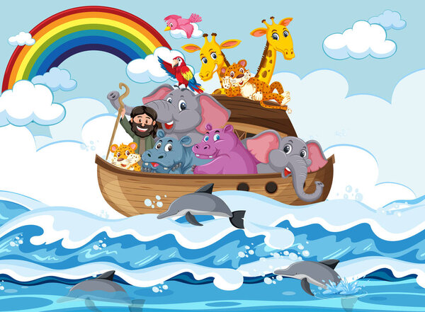 Animals on Noah's ark floating in the ocean scene illustration