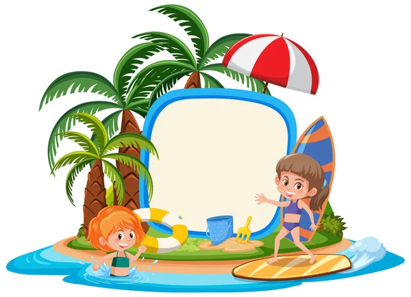 Modello Banner Vuoto Con Carattere Bambini Vacanza Estiva Spiaggia Sfondo — Vettoriale Stock