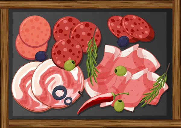 Carne Prânz Set Diferite Carne Rece Platou Ilustrare — Vector de stoc