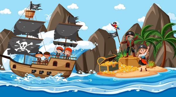 Treasure Island Cena Durante Dia Com Crianças Piratas Navio Ilustração — Vetor de Stock