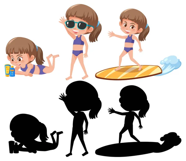 Set Girl Cartoon Character Doing Different Activities Its Silhouette Illustration — Stock Vector