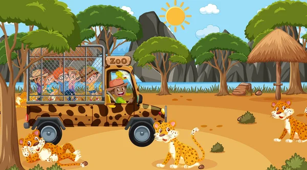 Safari Escena Diurna Con Niños Viendo Ilustración Grupo Leopardo — Archivo Imágenes Vectoriales
