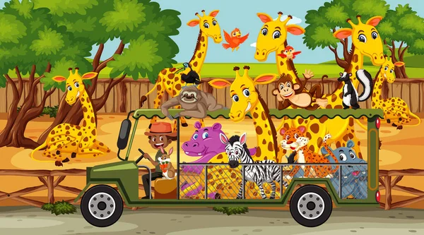 Escena Safari Con Animales Salvajes Coche Turístico Ilustración — Archivo Imágenes Vectoriales