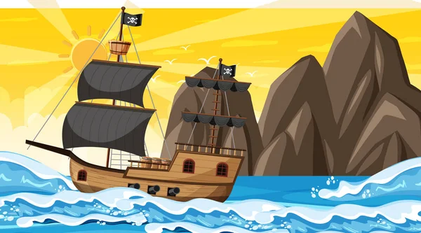 Oceano Con Nave Pirata Tramonto Scena Tempo Stile Cartone Animato — Vettoriale Stock