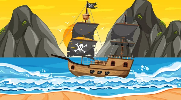 Ocean Pirate Ship Sunset Time Scene Cartoon Style Illustration - Stok Vektor