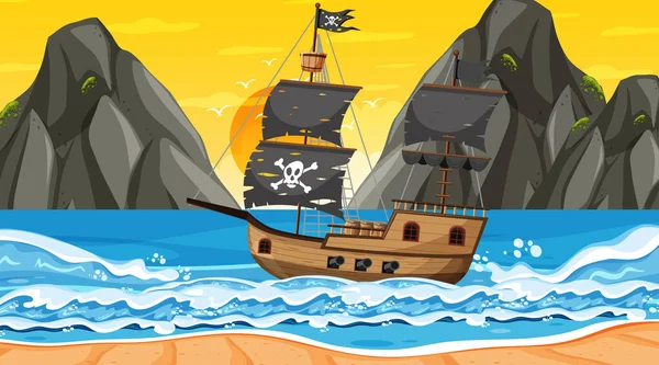 Océan Avec Bateau Pirate Coucher Soleil Scène Heure Dans Illustration — Image vectorielle