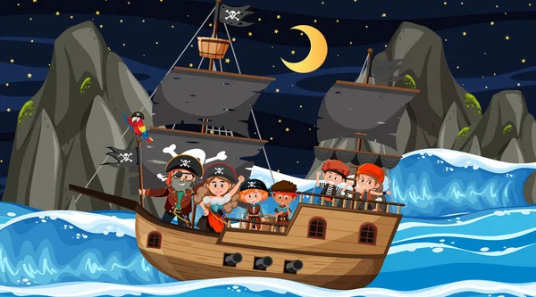 Escena Treasure Island Por Noche Con Niños Piratas Ilustración Del — Vector de stock