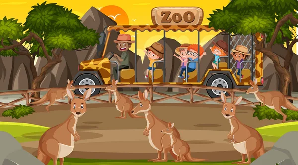 Safari Escena Diurna Con Niños Viendo Ilustración Canguro — Archivo Imágenes Vectoriales