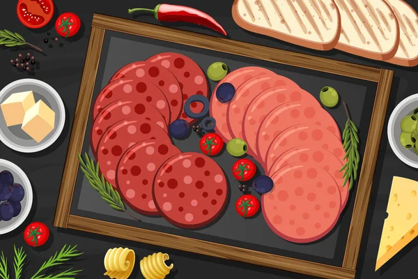 Schaal Van Peperoni Salami Tafel Achtergrond Illustratie — Stockvector