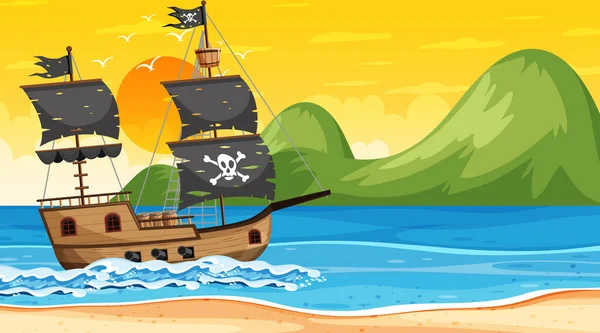 Oceano Com Navio Pirata Pôr Sol Cena Estilo Cartoon Ilustração — Vetor de Stock