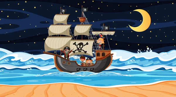 Océano Con Barco Pirata Escena Nocturna Ilustración Estilo Dibujos Animados — Vector de stock