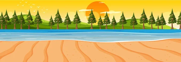 Praia Horizontal Cena Pôr Sol Tempo Com Muitos Pinheiros Ilustração — Vetor de Stock