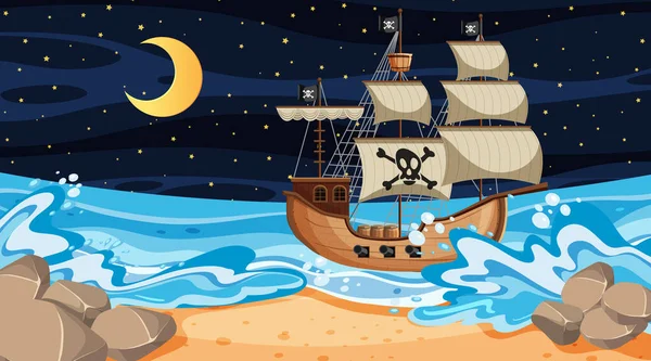 Escena Playa Por Noche Con Barco Pirata Ilustración Estilo Dibujos — Vector de stock