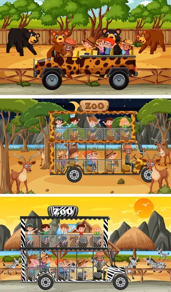 Set Diverse Scene Orizzontali Safari Con Animali Bambini Illustrazione Del — Vettoriale Stock
