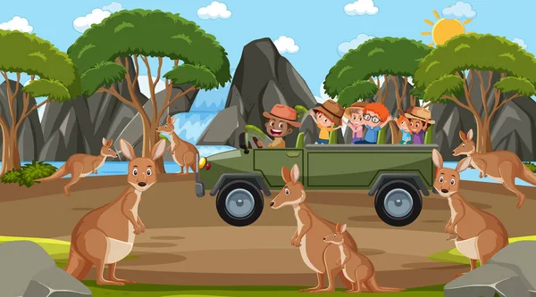 Safari Overdag Scene Met Kinderen Kijken Kangoeroe Groep Illustratie — Stockvector
