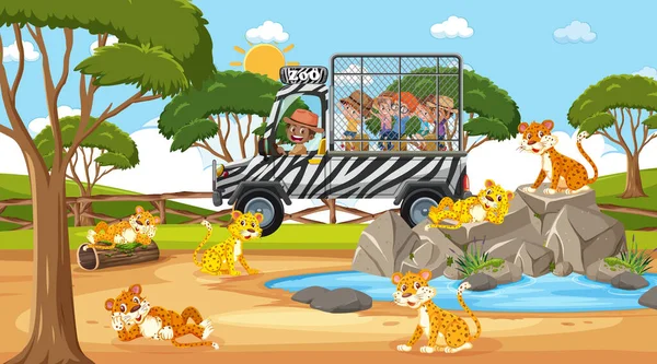 Safari Escena Diurna Con Niños Viendo Ilustración Leopardo — Archivo Imágenes Vectoriales