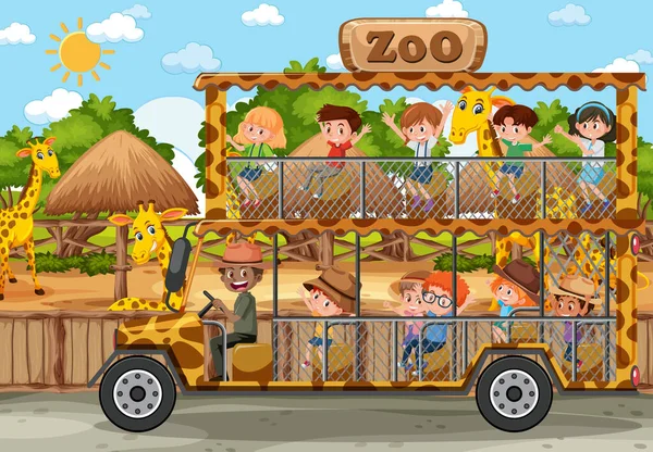 Safari Scene Kids Tourist Car Watching Giraffe Group Illustration — Stock Vector