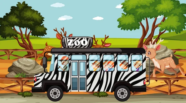 Zoo Escena Con Los Niños Autobús Gira Ilustración — Archivo Imágenes Vectoriales