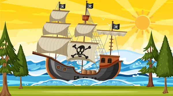 Günbatımı sahnesinde Korsan gemisiyle okyanus karikatür tarzı illüstrasyon