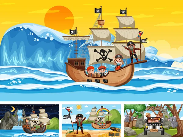 Set Van Verschillende Scènes Met Piratenschip Zee Dieren Dierentuin Illustratie — Stockvector